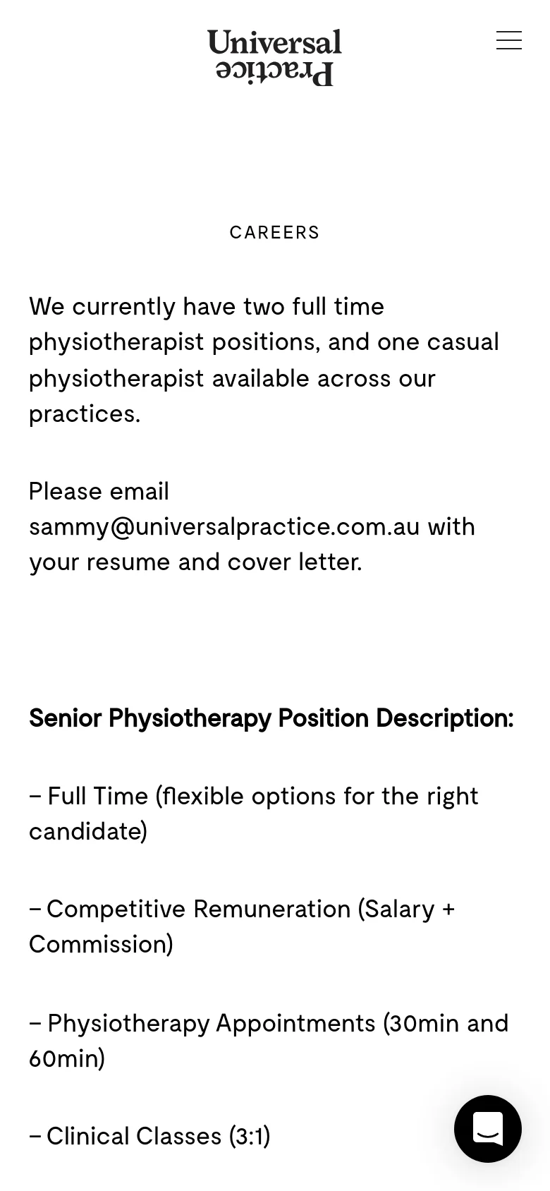 The mobile version simplifies the layout into a single vertical column, removing the side navigation list. The 'Universal Practice' logo and a hamburger menu icon are centered at the top, followed by the 'CAREERS' heading and the job description text flowing down the page.