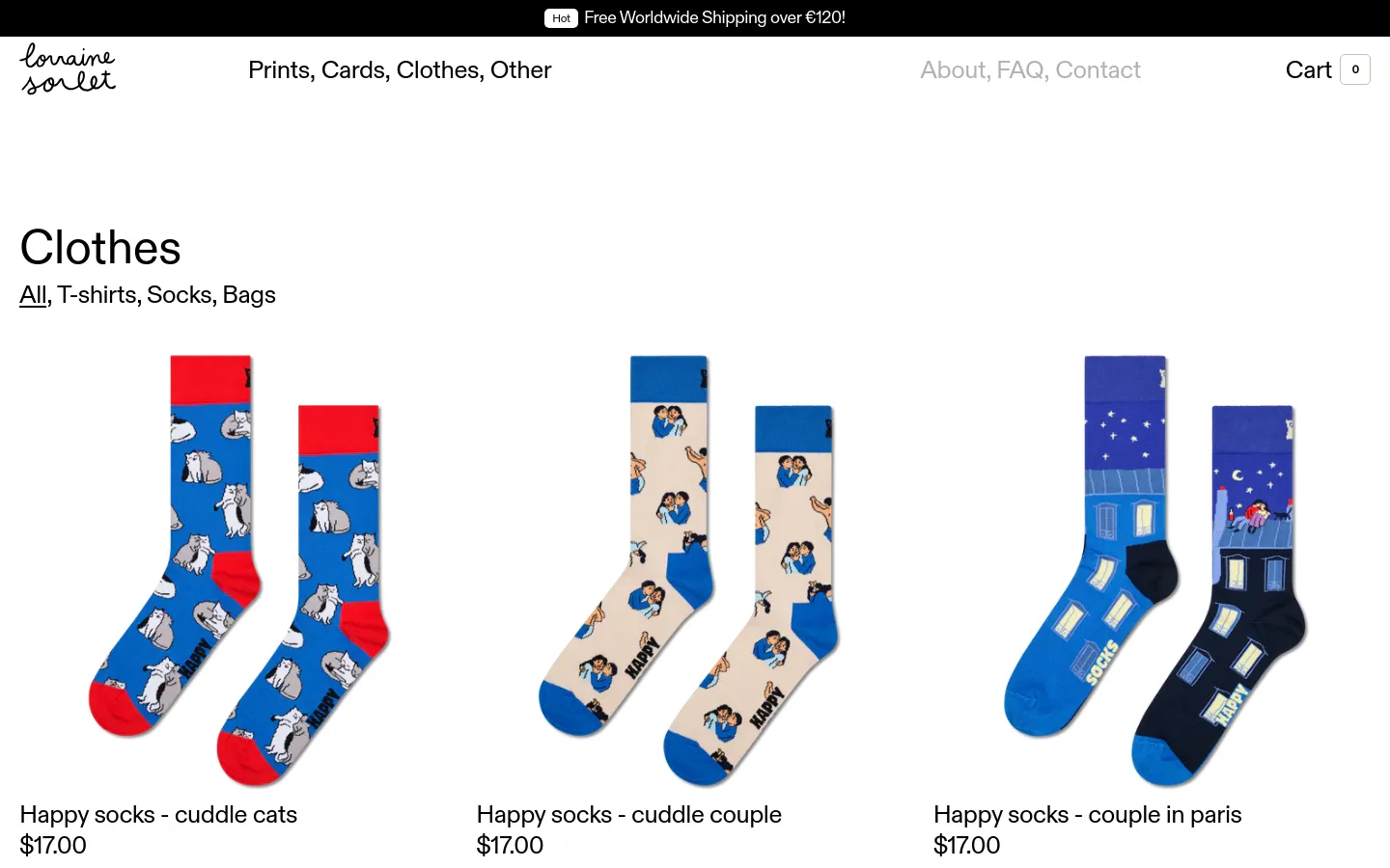 The desktop view shows the 'Clothes' collection page with a clean white background and minimalist navigation. A grid of product images displays various items like patterned socks, including 'Happy socks - cuddle cats' priced at $17.00. The layout is spacious, featuring a top header with the brand name and links for Prints, Cards, Clothes, Other, About, FAQ, Contact, and a Cart icon.