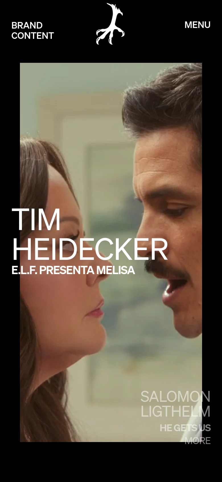 The mobile version maintains the dark aesthetic and large typography but uses a vertically oriented hero image featuring a close-up profile of two people's faces. The header is simplified with 'BRAND CONTENT' stacked on the left, the central bird logo, and 'MENU' on the right, while the text overlays are repositioned to fit the narrower aspect ratio.