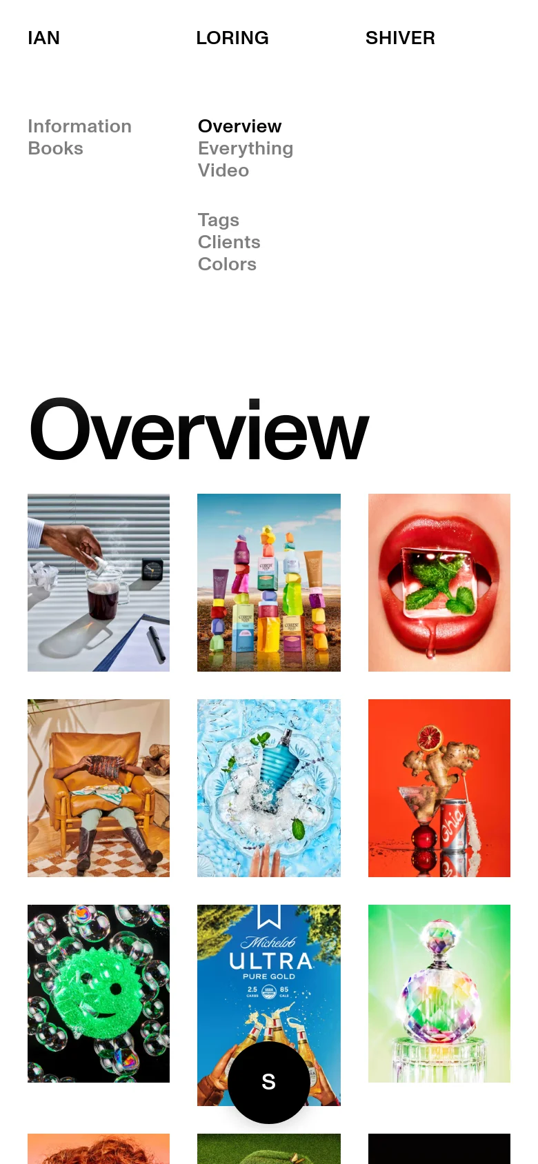 The mobile version of the portfolio features a simplified vertical layout with the name 'IAN LORING SHIVER' at the top. The navigation links are stacked vertically above a large 'Overview' heading, followed by a single-column grid of colorful, high-resolution images. The design maintains the minimalist aesthetic with ample white space and prominent black text.