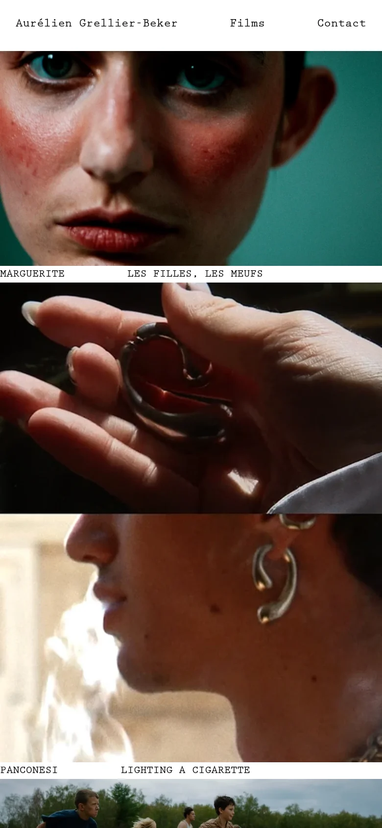 The mobile version maintains the minimalist white header and black typography but rearranges the content into a single-column vertical scroll. The cinematic video thumbnails appear larger to fill the screen width, with titles positioned directly below each video frame.