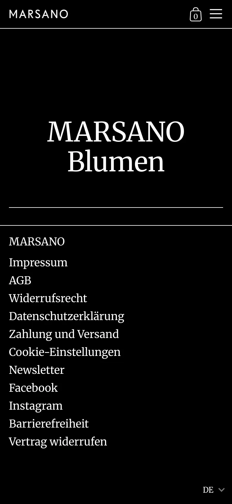 The mobile version displays a simplified layout with a black background and white text. The 'MARSANO Blumen' headline is prominently centered, and the navigation is condensed into a hamburger menu icon next to a shopping bag icon. The footer links are stacked vertically for easier scrolling on a smaller screen.