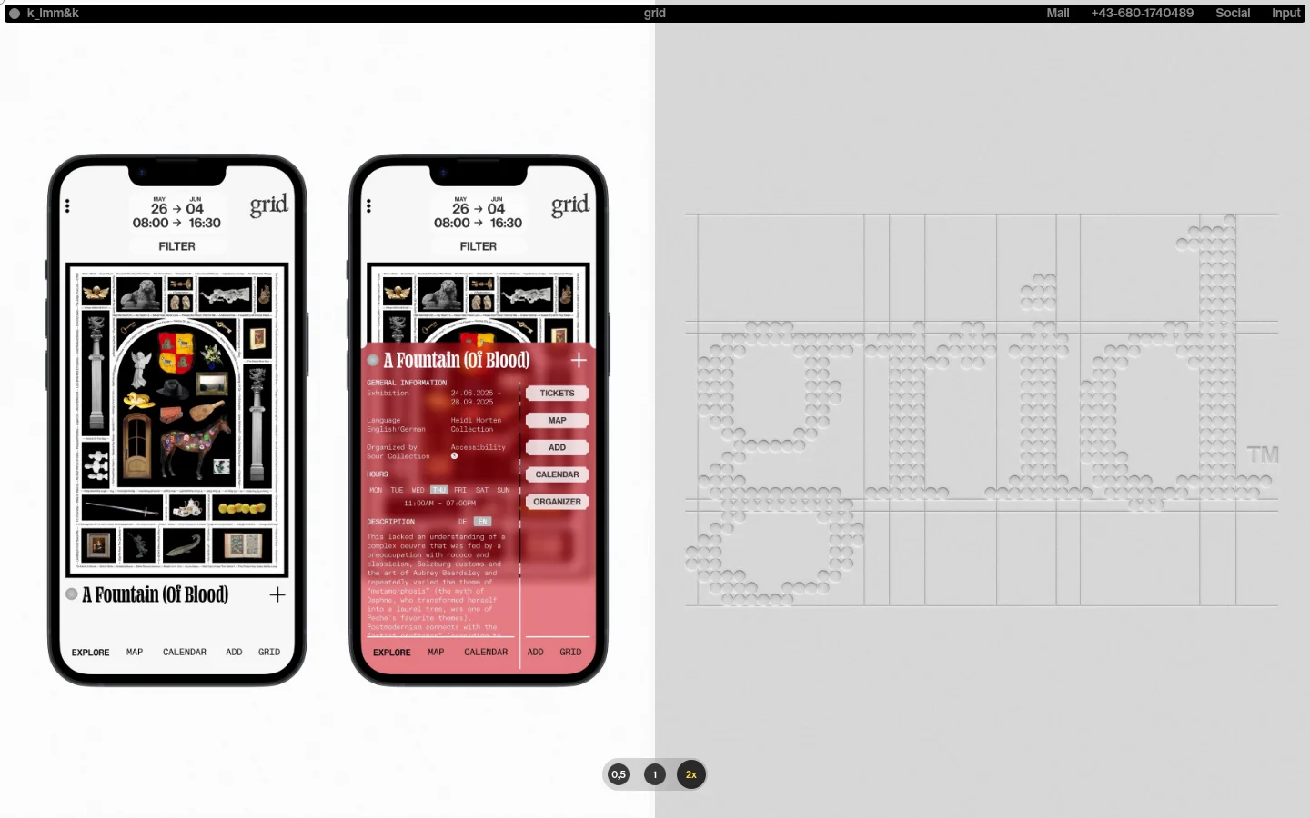 A minimalist portfolio website for Dominik Elias Leitner featuring a large, light gray grid layout. The page displays various photographic and film project collections like 'A Fountain (Of Blood)' through a series of image tiles, with a black navigation bar at the top containing links for Mail, Tel., Social, and Input. The design uses a clean, high-contrast aesthetic with black text on a light background.