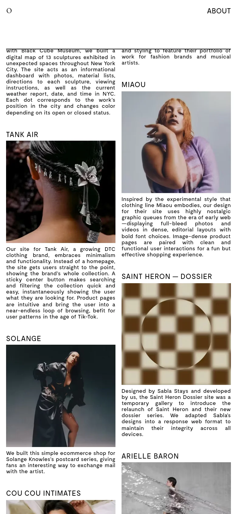 The mobile version maintains the minimalist black-and-white aesthetic but transitions to a single-column vertical layout. Project images and text blocks are stacked vertically to fit the narrow screen, ensuring readability and easy scrolling through the portfolio entries.