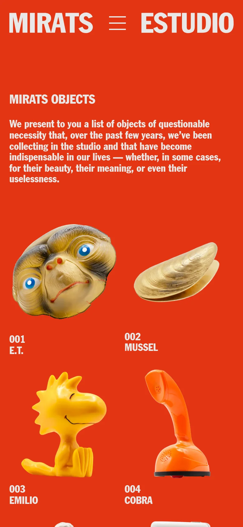 The mobile version maintains the bright red background but uses a vertical layout. The 'MIRATS ESTUDIO' logo and a hamburger menu icon are at the top, followed by the 'MIRATS OBJECTS' headline and text. The objects are arranged in a two-column grid, showing the E.T. mask, mussel, Emilio, and Cobra joystick.