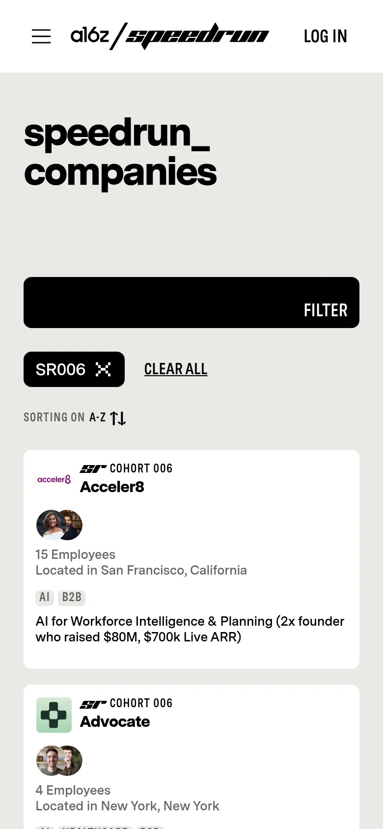 The mobile version maintains the minimalist aesthetic but uses a single-column layout for the company cards to fit the narrow screen. The 'FILTER' button and active filter tags are stacked vertically above the scrolling list of company profiles.
