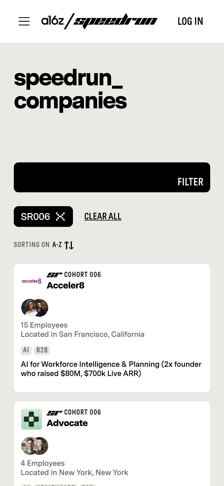 The mobile version maintains the minimalist aesthetic but uses a single-column layout for the company cards to fit the narrow screen. The 'FILTER' button and active filter tags are stacked vertically above the scrolling list of company profiles.