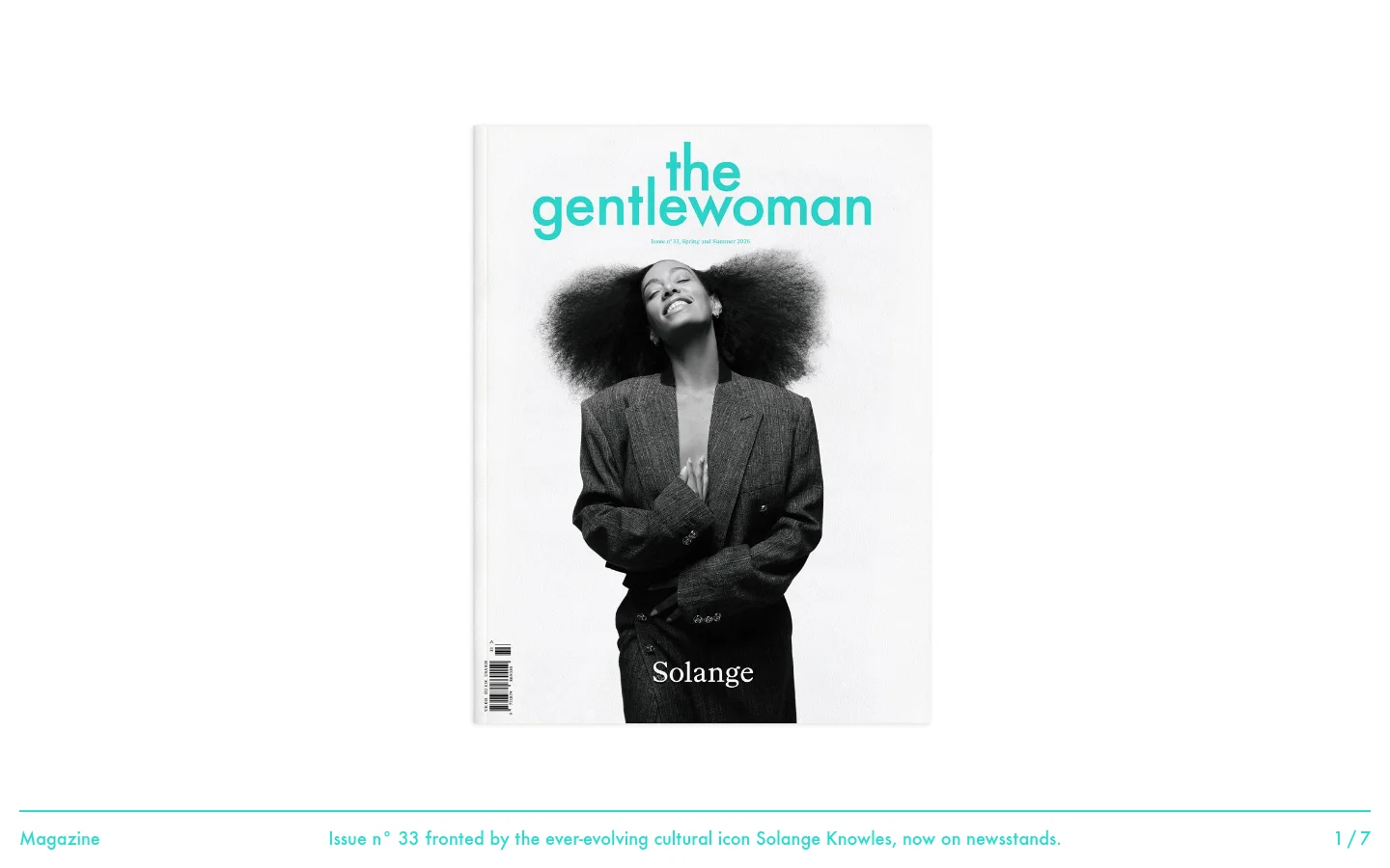 The desktop homepage features a minimalist, white-background layout with large, high-quality editorial photography. A large hero image showcases the cover of The Gentlewoman magazine featuring Solange Knowles, accompanied by a headline and a 'Shop' call to action. The page uses a clean, spacious design with teal accents for text and navigation elements.