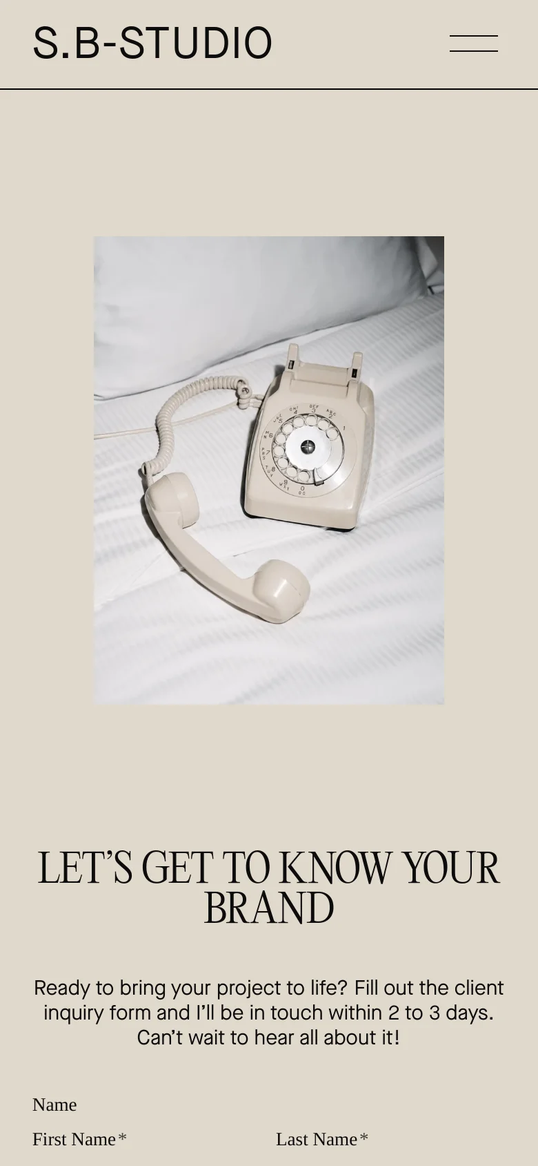 The mobile version uses a stacked layout with the cream rotary phone image positioned at the top, followed by the headline and inquiry form below. The navigation is simplified to a hamburger menu icon on the right, and the text is centered for better readability on a smaller screen.