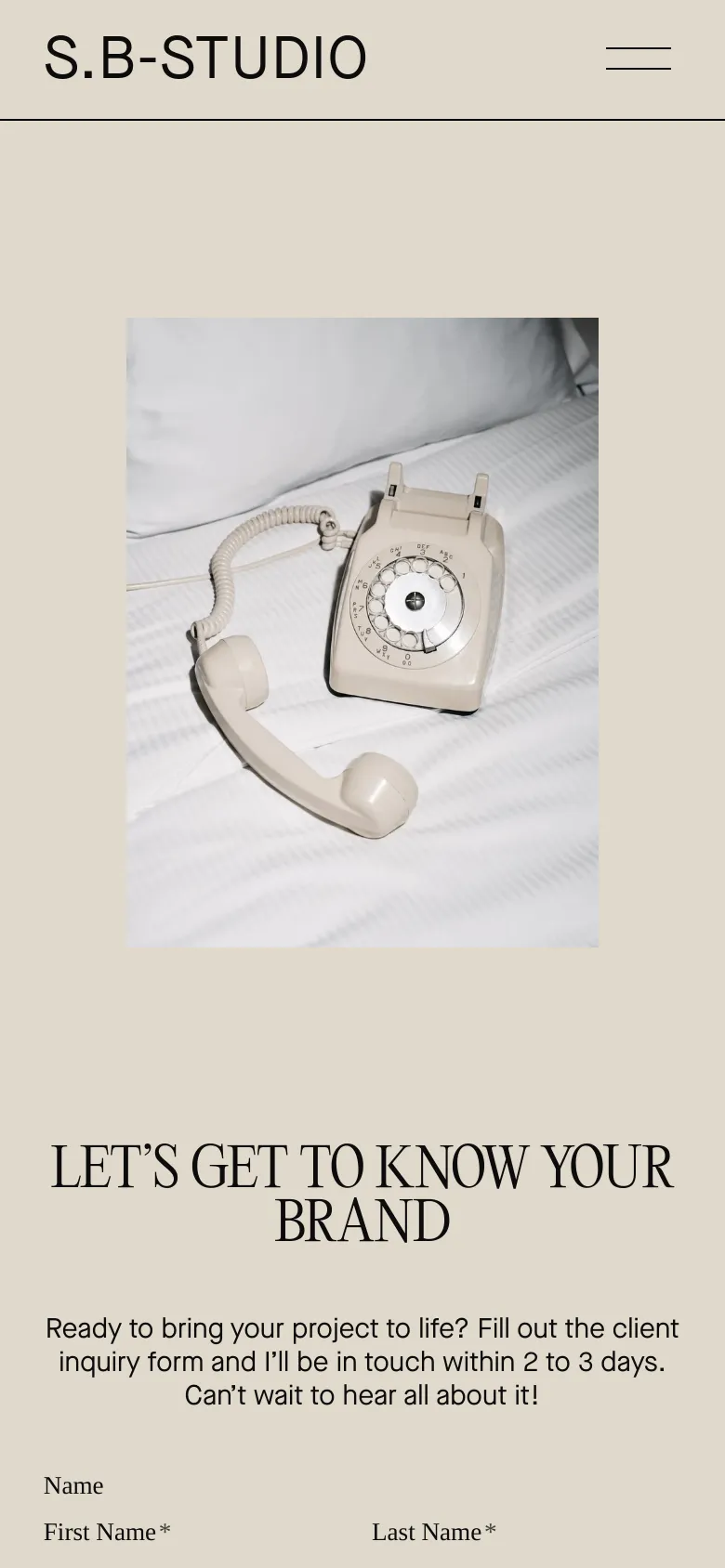 The mobile version uses a stacked layout with the cream rotary phone image positioned at the top, followed by the headline and inquiry form below. The navigation is simplified to a hamburger menu icon on the right, and the text is centered for better readability on a smaller screen.