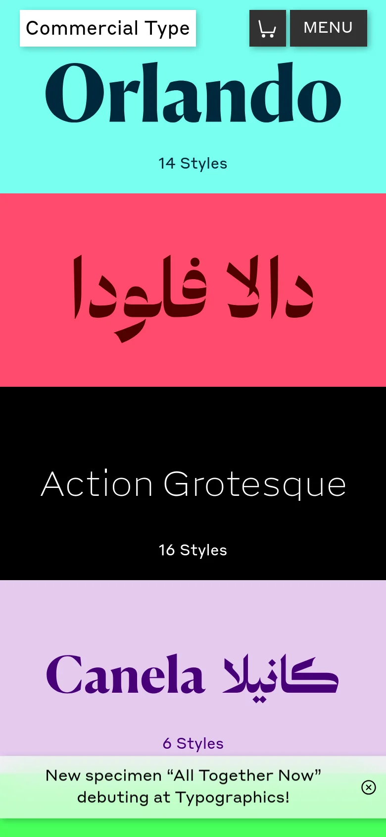 The mobile version uses a simplified layout with a condensed header containing the logo, a shopping cart icon, and a 'MENU' button. The large typeface specimens, such as 'Orlando' and the Arabic script, are stacked vertically to fit the narrow screen, maintaining the high-contrast color blocks of turquoise, pink, and black.