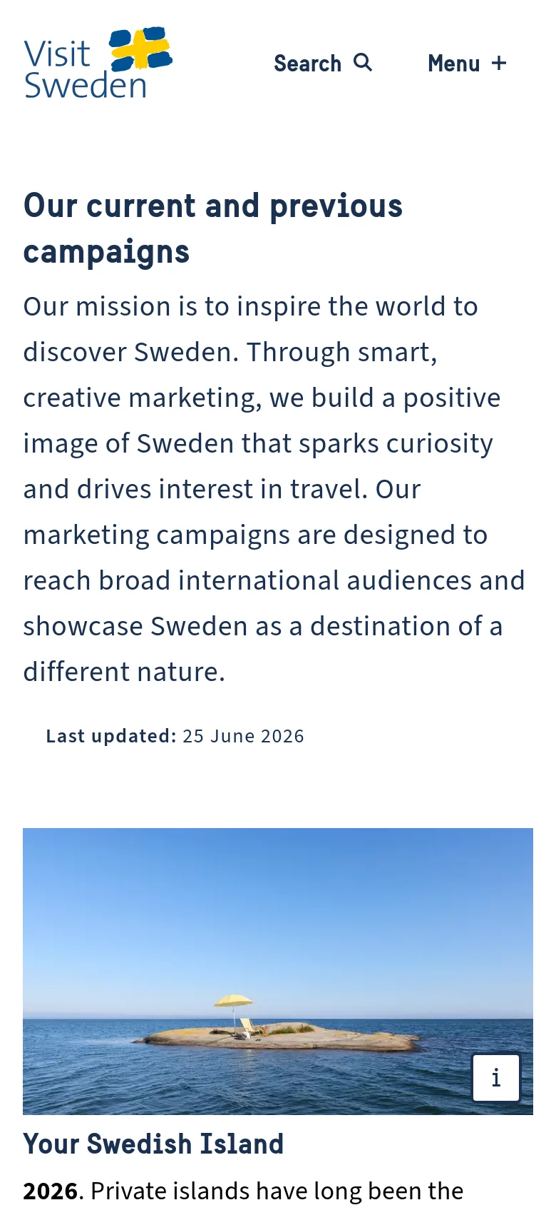 The mobile version uses a simplified layout with a 'Menu' button and 'Search' icon at the top. The content is stacked vertically, starting with the main headline and mission statement, followed by the campaign image of the small island which spans the full width of the screen above its corresponding text and 'Read more' link.