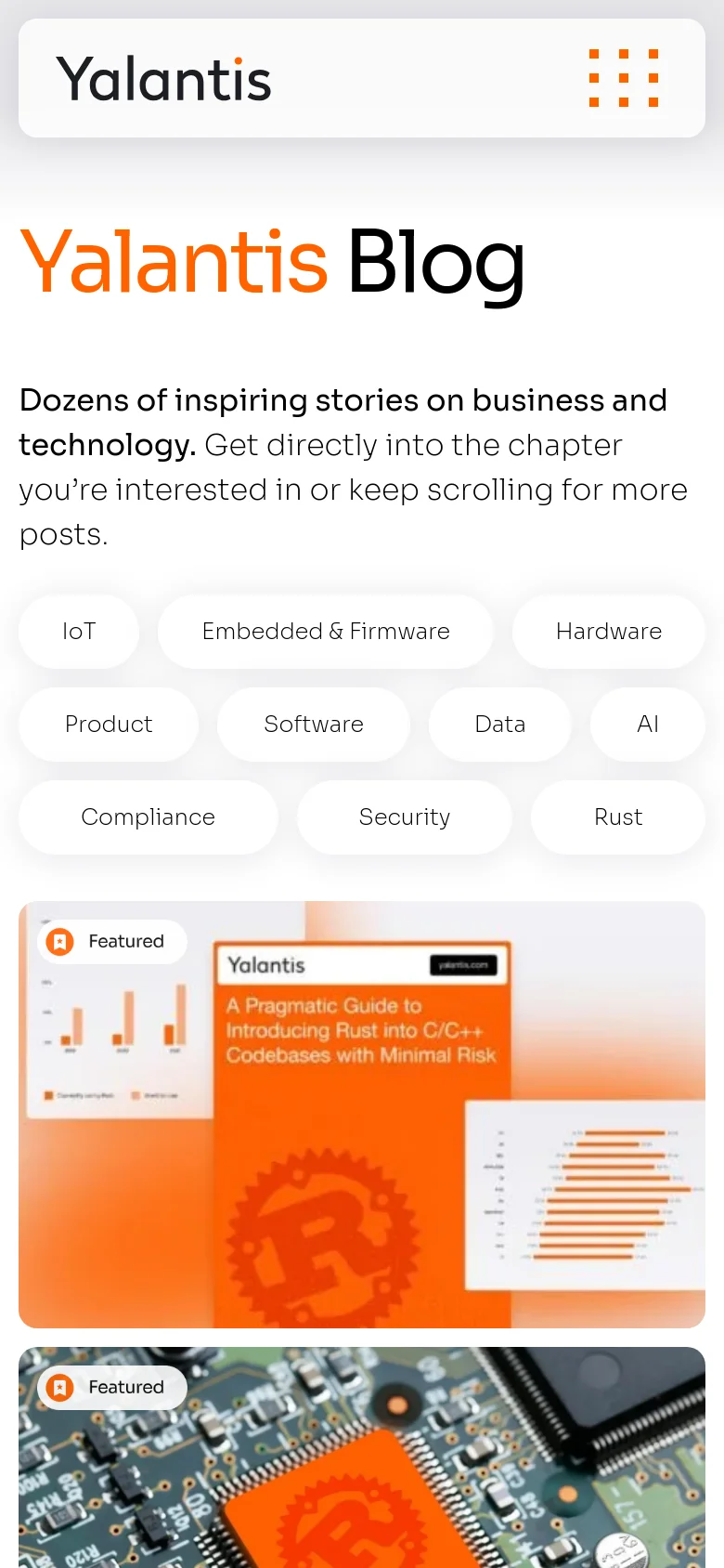 The mobile version of the Yalantis Blog simplifies the layout into a single-column view. The header is condensed with a hamburger menu, and the topic filter buttons are stacked or arranged in a scrollable grid. Featured posts appear as large, full-width cards to ensure readability on smaller screens.