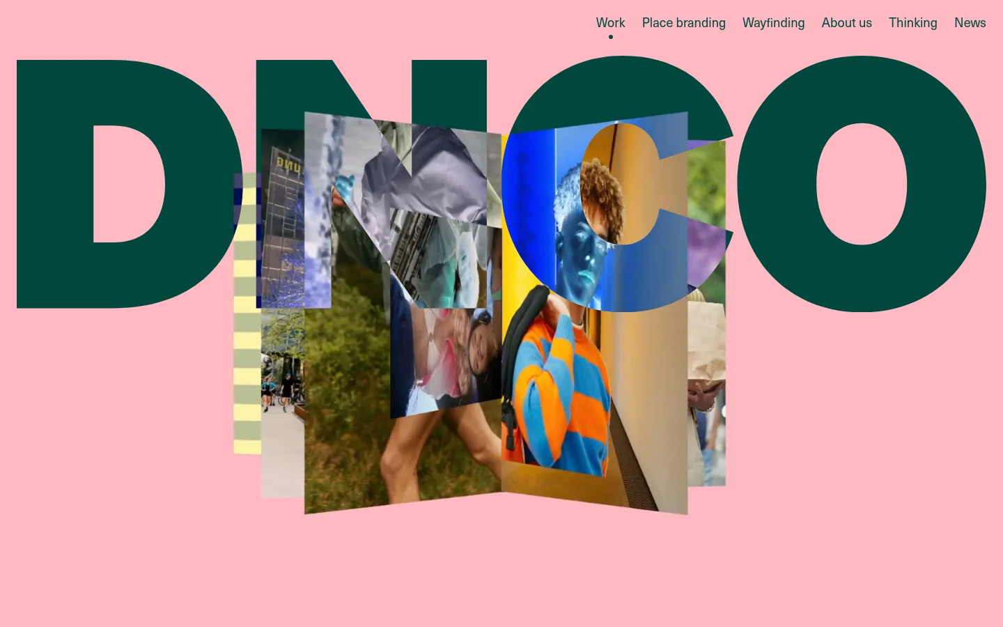 The desktop homepage features a large, bold 'DNCO' logo in dark green against a soft pink background, with photographic imagery layered inside the letters. A navigation menu at the top right includes links for Work, Place branding, Wayfinding, About us, Thinking, and News. Below the hero section, a filterable portfolio displays various project tiles categorized by sector, location, and expertise.