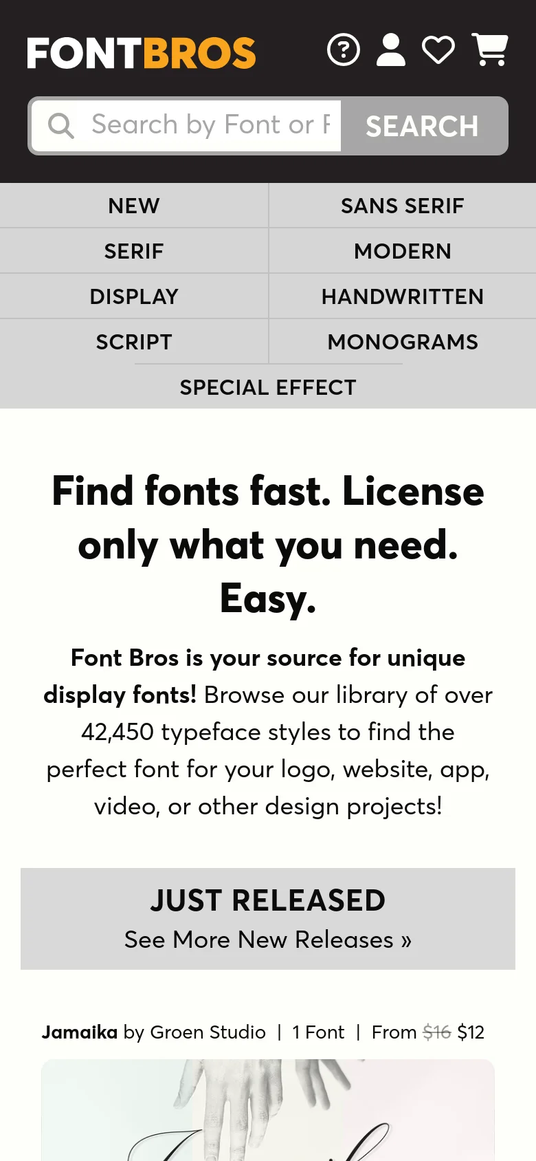 The mobile version uses a simplified layout with a stacked navigation menu and a prominent search bar at the top. The hero text is centered and larger, and the 'Just Released' font posters are displayed in a single-column vertical scroll rather than a multi-column grid.