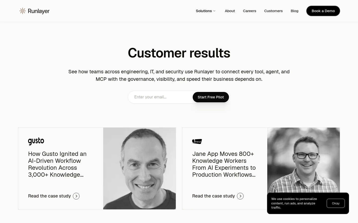 Runlayer customers page featuring a clean, minimalist SaaS design with a white and dark gray palette. The hero section displays the headline Customer results above an email signup field, followed by a grid of large case study cards with bold sans-serif typography and black-and-white portrait photography.