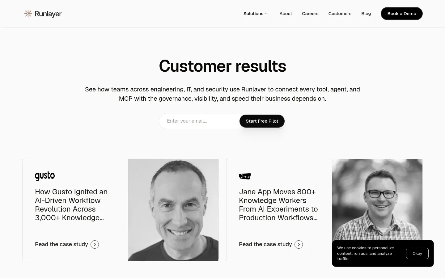 Runlayer customers page featuring a clean, minimalist SaaS design with a white and dark gray palette. The hero section displays the headline Customer results above an email signup field, followed by a grid of large case study cards with bold sans-serif typography and black-and-white portrait photography.