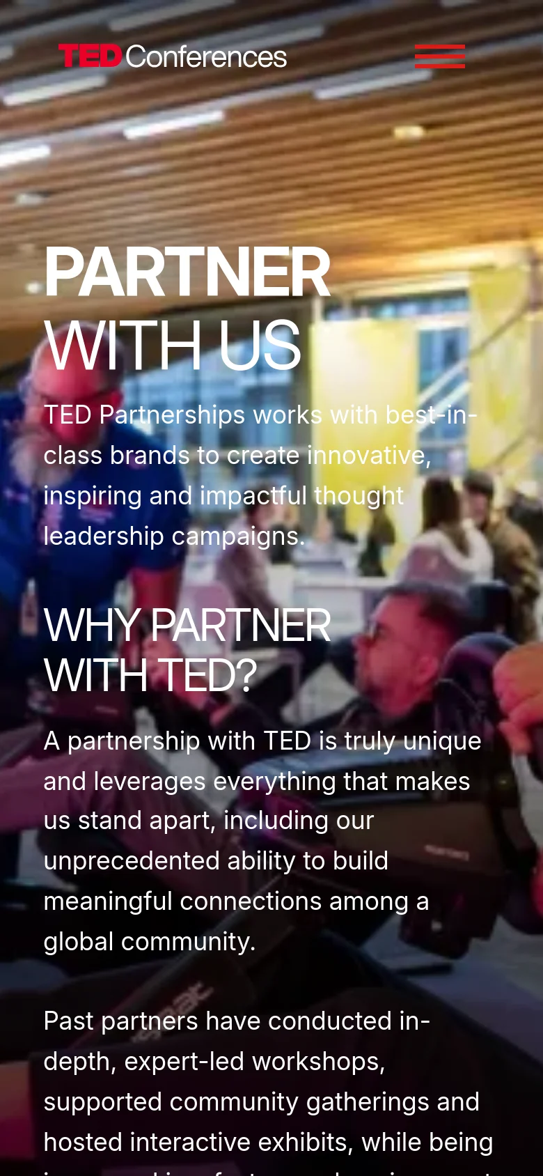 The mobile version presents a vertically stacked layout with the hero image and large white headlines at the top. The text content is condensed for a narrow screen, and the navigation menu is collapsed into a red hamburger icon. The partner logos are rearranged to fit the vertical orientation of the mobile device.