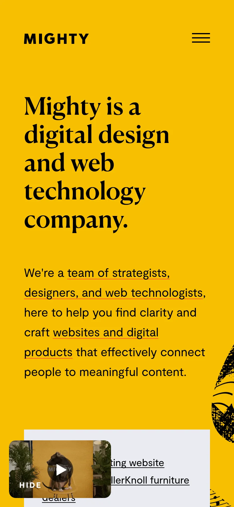The mobile version uses a vertical layout with the large bold headline at the top and the introductory text below it. The navigation is condensed into a hamburger menu icon in the top right, and the project links and 'SEE MORE WORK' button are stacked vertically for easier scrolling on a smaller screen.