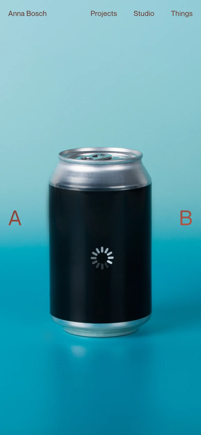 The mobile version maintains the minimalist aesthetic but transitions to a vertical layout with a single-column view. The hero image of a beverage can dominates the screen, and the navigation menu is simplified to accommodate the smaller viewport.