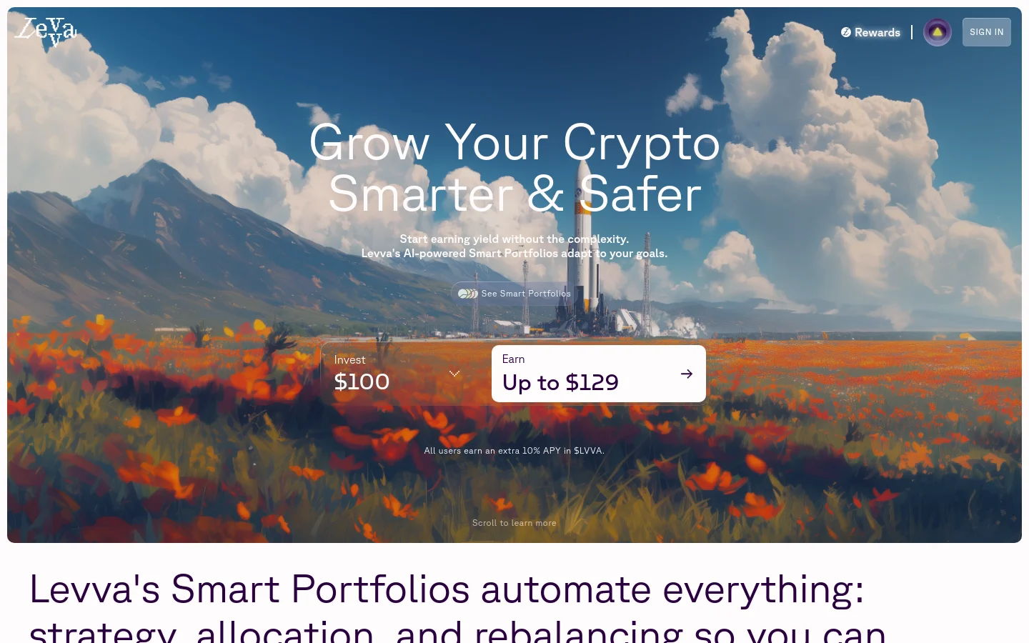 The desktop homepage features a wide hero section with a scenic mountain and poppy field background under a cloudy sky. Large white text reads 'Grow Your Crypto Smarter & Safer' above a 'See Smart Portfolios' button and interactive investment calculators. A navigation bar at the top includes the Levva logo, a Rewards link, and a 'SIGN IN' button.