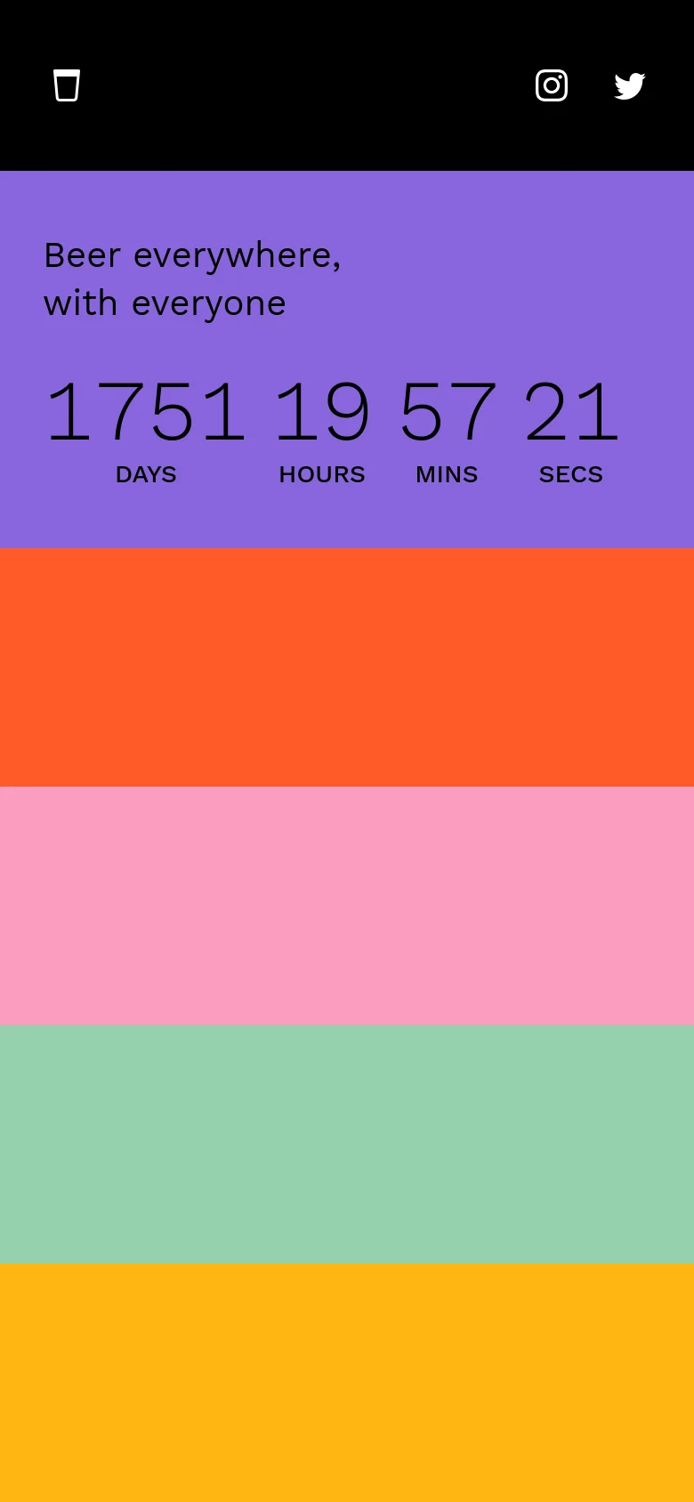 The mobile version maintains the colorful grid layout but stacks the content vertically. The large countdown timer and headline 'Beer everywhere, with everyone' dominate the top purple section, followed by large blocks of orange, pink, green, and yellow.