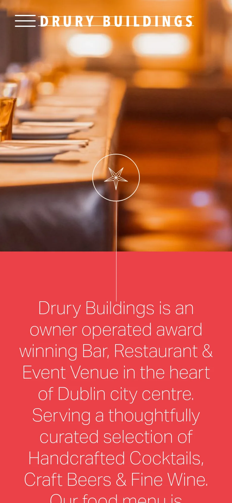 The mobile version simplifies the layout, replacing the top navigation with a hamburger menu icon and centering the 'DRURY BUILDINGS' logo. The hero image remains prominent, but the text content is stacked vertically below the image on a solid red background for easier reading on small screens.