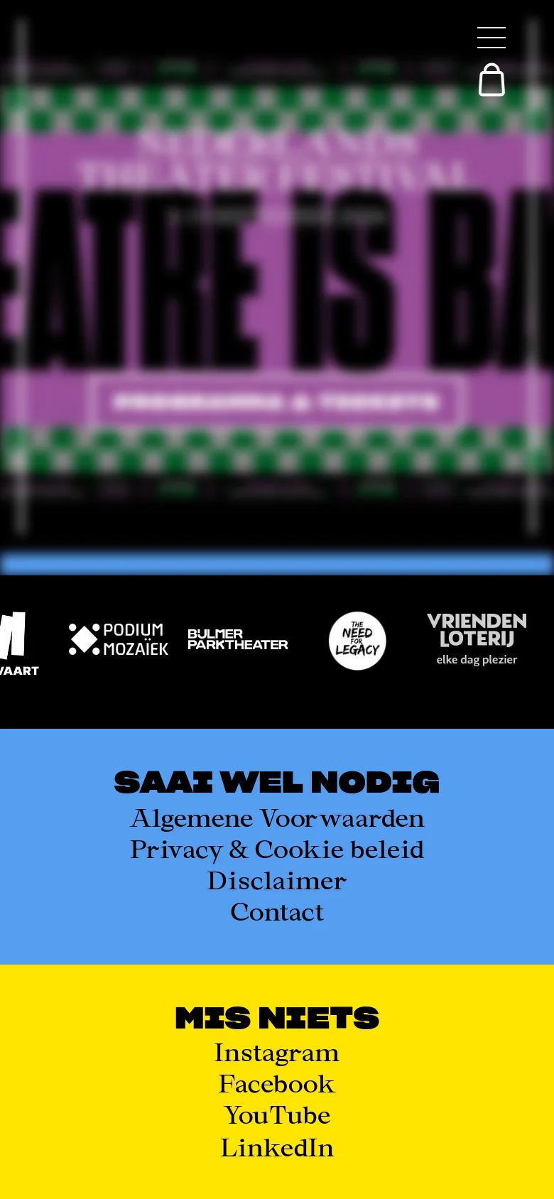 The mobile version presents a vertically stacked layout, starting with a large, blurred purple hero banner and a shopping bag icon. Below the banner, sponsor logos are displayed in a horizontal scroll, followed by large, centered text sections in blue and yellow for site navigation and social media links.
