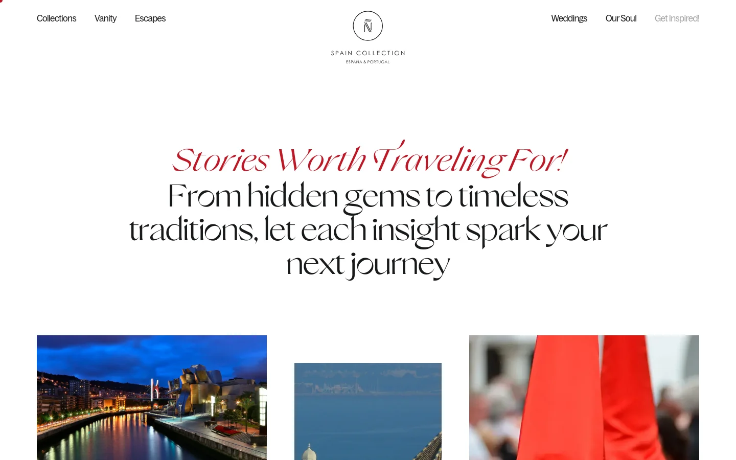 The desktop version features a clean white background with a centered logo and navigation menu at the top. The hero section displays large, elegant serif typography in red and black that reads 'Stories Worth Traveling For!' followed by a descriptive subtitle. Below the text, a grid of high-quality travel photographs begins, including a nighttime shot of a modern building by a river.