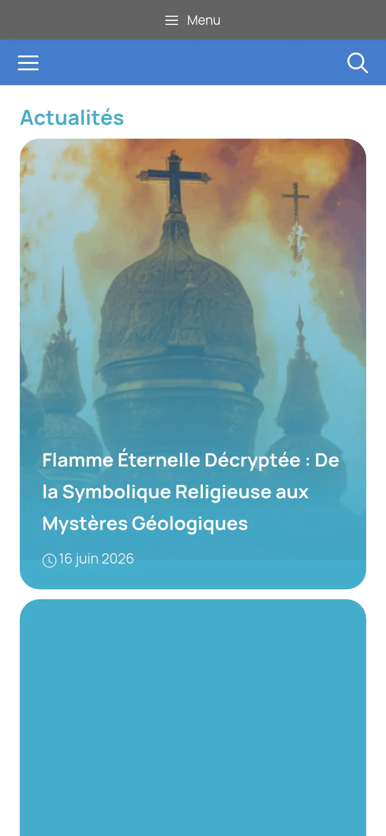 The mobile version shows a simplified header with a hamburger menu icon and a search icon on a blue bar. The news articles are presented in a single-column vertical stack of large cards, each featuring a full-width background image with white text overlays for the title and date.
