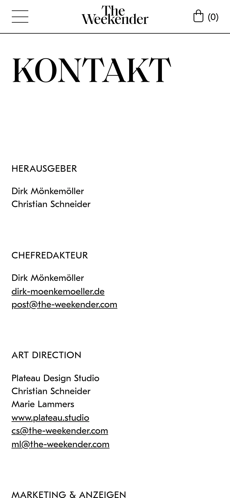 The mobile version maintains the minimalist aesthetic and black-on-white color scheme but utilizes a condensed layout. The header includes a hamburger menu icon and a shopping bag icon, while the contact information is stacked vertically for easier scrolling on a narrow screen.