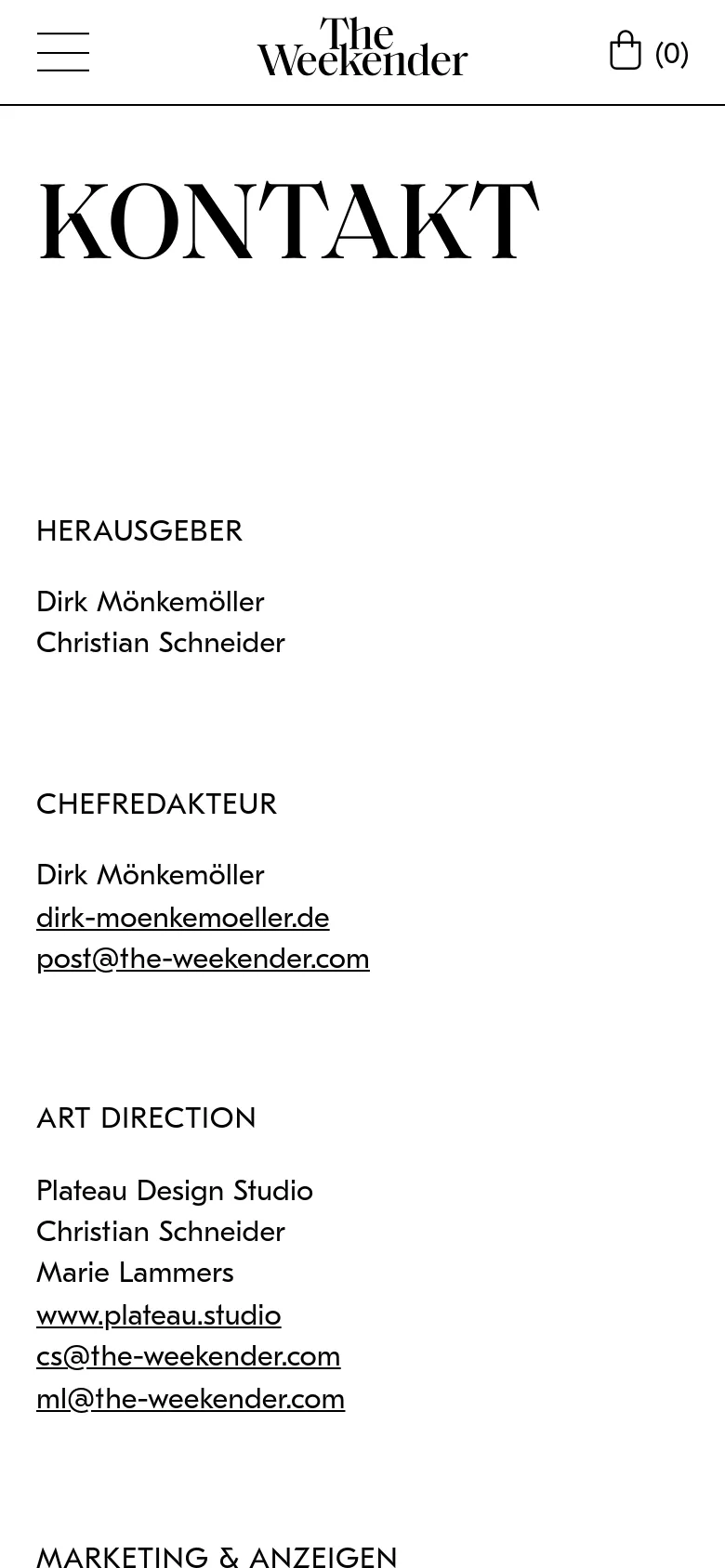The mobile version maintains the minimalist aesthetic and black-on-white color scheme but utilizes a condensed layout. The header includes a hamburger menu icon and a shopping bag icon, while the contact information is stacked vertically for easier scrolling on a narrow screen.