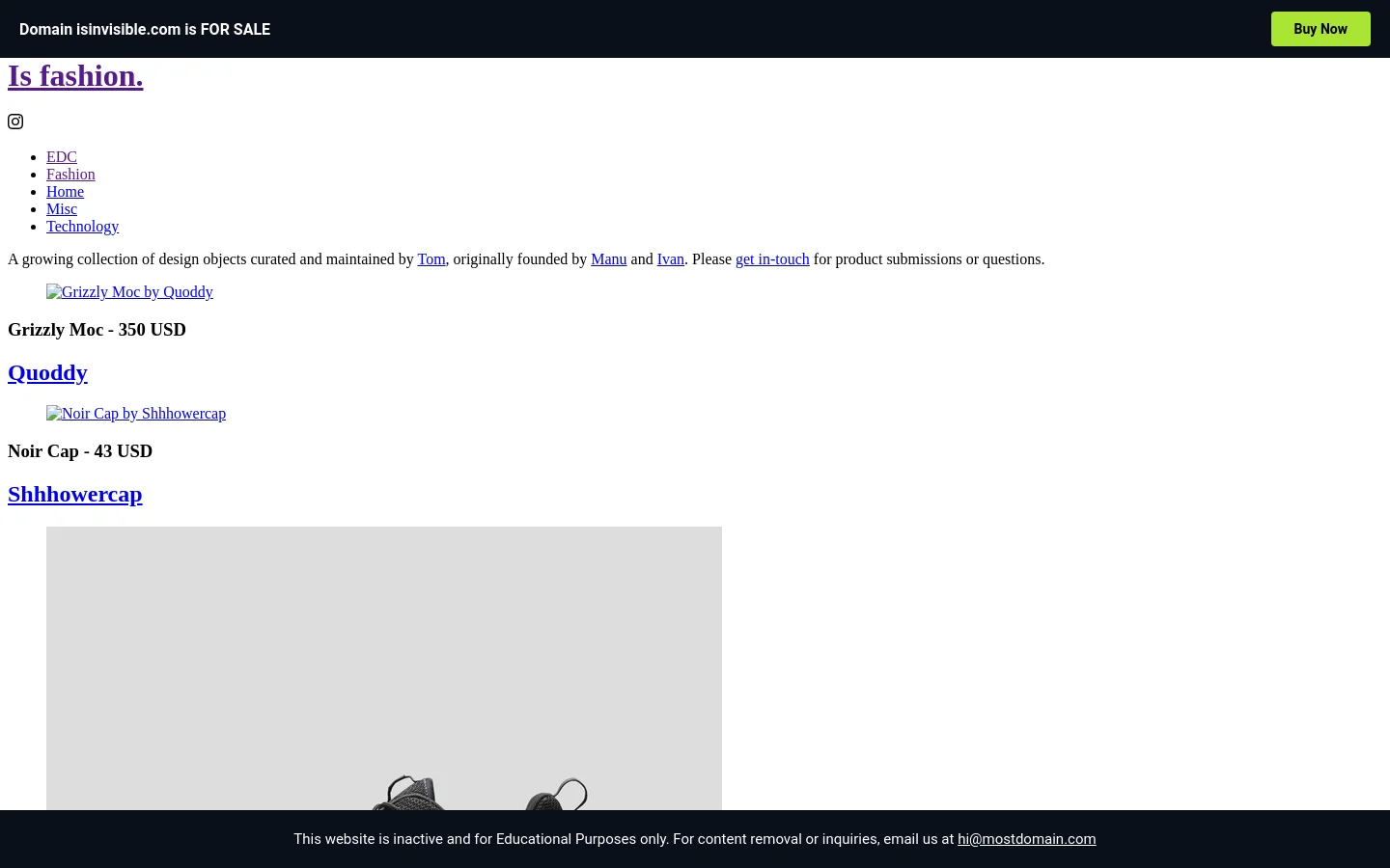 The desktop page features a minimalist white layout with a black header and a yellow 'Buy Now' button. A vertical list displays curated fashion items, including product images, names, prices, and brand links, such as the Grizzly Moc by Quoddy. Navigation links for EDC, Fashion, Home, Misc, and Technology are positioned at the top left.