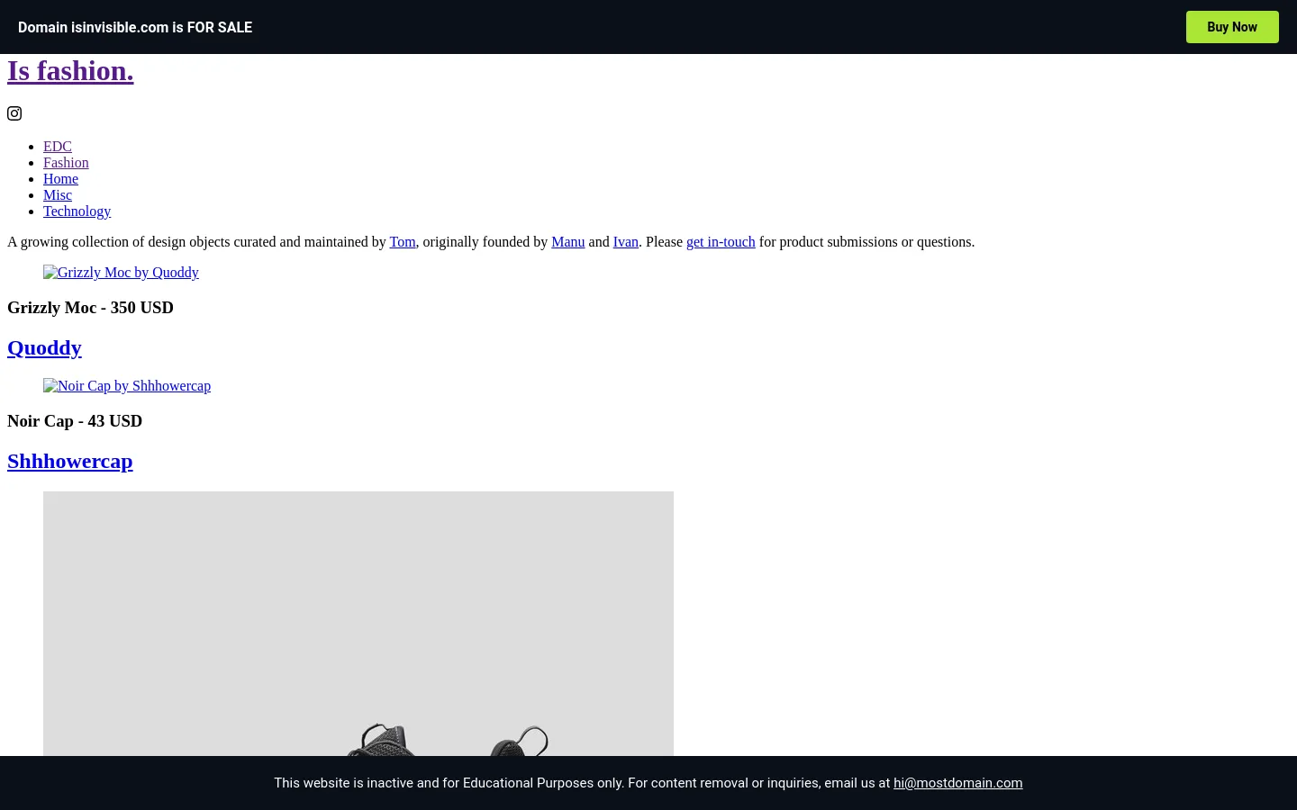 The desktop page features a minimalist white layout with a black header and a yellow 'Buy Now' button. A vertical list displays curated fashion items, including product images, names, prices, and brand links, such as the Grizzly Moc by Quoddy. Navigation links for EDC, Fashion, Home, Misc, and Technology are positioned at the top left.