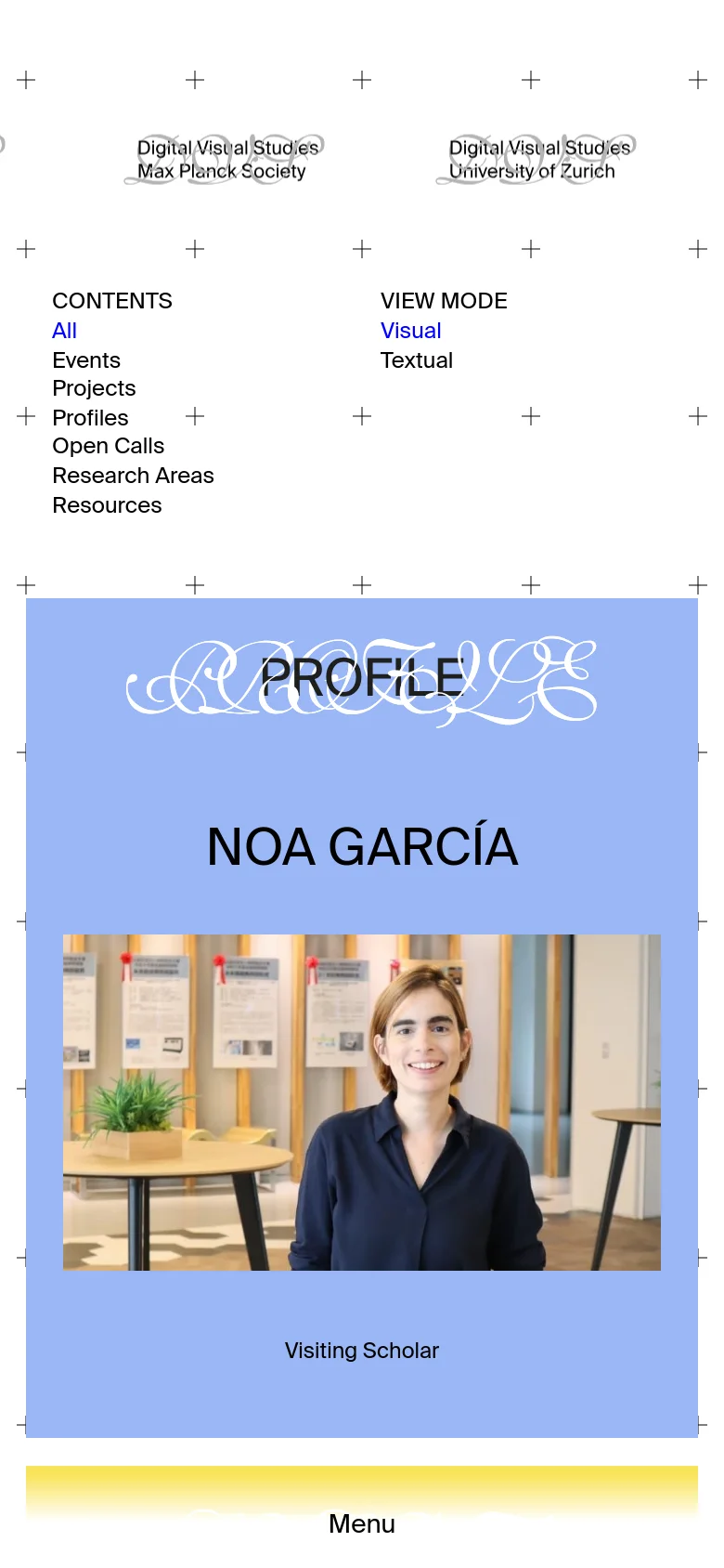 The mobile version presents a vertically stacked layout of the same content cards, optimized for scrolling. The navigation menu is condensed, and the large colorful blocks occupy the full width of the screen, emphasizing the imagery and bold typography of the profile and event tiles.