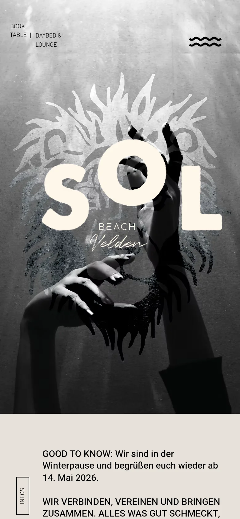 The mobile version presents a vertically stacked layout starting with the same black and white hero imagery and 'SOL BEACH Velden' branding. The navigation links are condensed at the top, and the content flows into a single-column view with text announcing the winter break and return date.