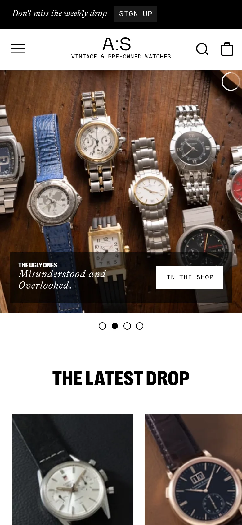 The mobile version presents a vertically stacked layout starting with a hero image slider of various watches, featuring a simplified navigation menu with a hamburger icon and a search icon. The 'THE LATEST DROP' section follows, displaying product images in a single-column format that is optimized for vertical scrolling. The color palette remains consistent with a white background and dark typography.