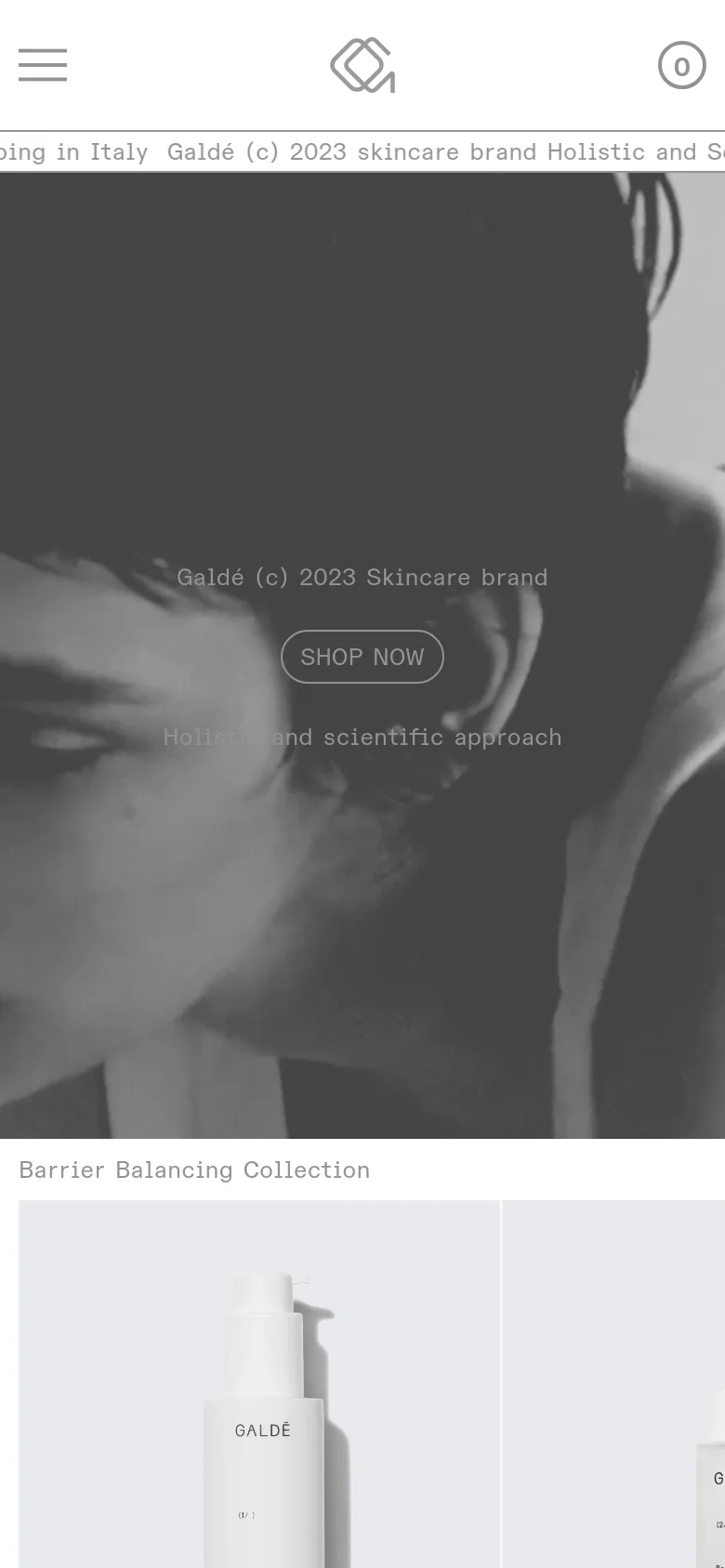 The mobile version uses a simplified layout with a hamburger menu icon on the left and the brand logo centered at the top. The hero section features the same grayscale imagery and 'SHOP NOW' call to action, but scaled for a vertical screen. The product collection follows below, presented in a single-column vertical scroll.