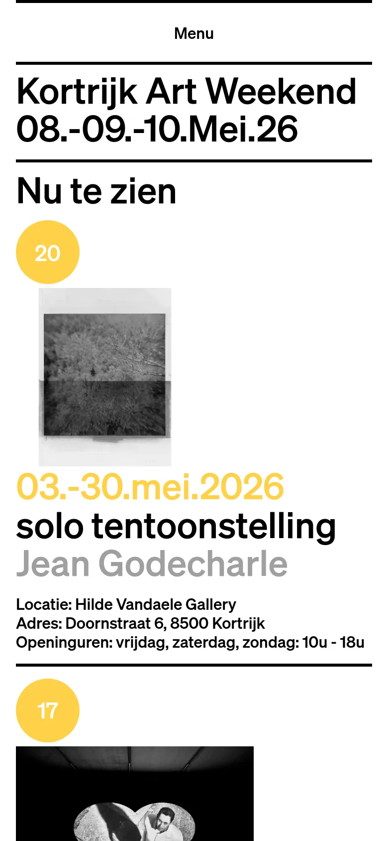 The mobile version presents a simplified, vertically stacked layout focusing on the exhibition list. The map is replaced by a prominent header for 'Kortrijk Art Weekend' followed by large, bold text for each exhibition entry, including dates, titles, and location information, optimized for scrolling on a small screen.