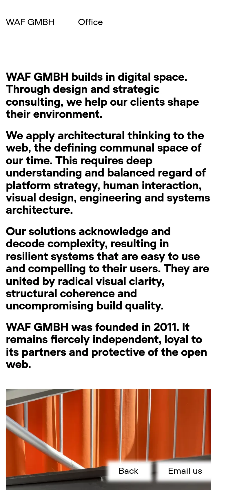 The mobile version maintains the minimalist black-and-white aesthetic but uses a single-column vertical layout. The text is stacked for readability, and the images appear full-width, followed by the company details and lists. A fixed navigation bar at the bottom provides 'Back' and 'Email us' buttons.
