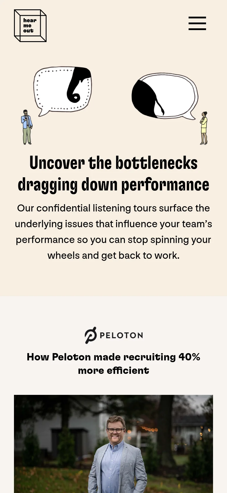The mobile version uses a single-column layout on a cream background. The navigation is condensed into a hamburger menu, and the hero illustration and headline are centered and stacked vertically to fit the narrow screen width.