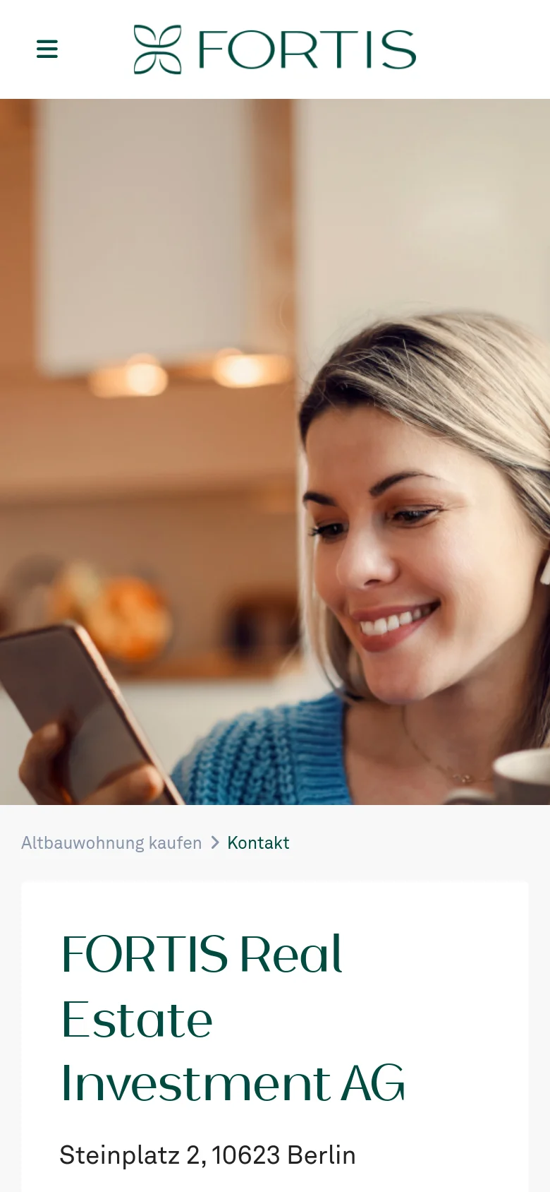 The mobile version presents a vertically stacked layout, starting with a hamburger menu and the Fortis logo above a large hero image of a woman with a phone. The contact information follows below, with the company name and address prominently displayed in a single column for easy scrolling.