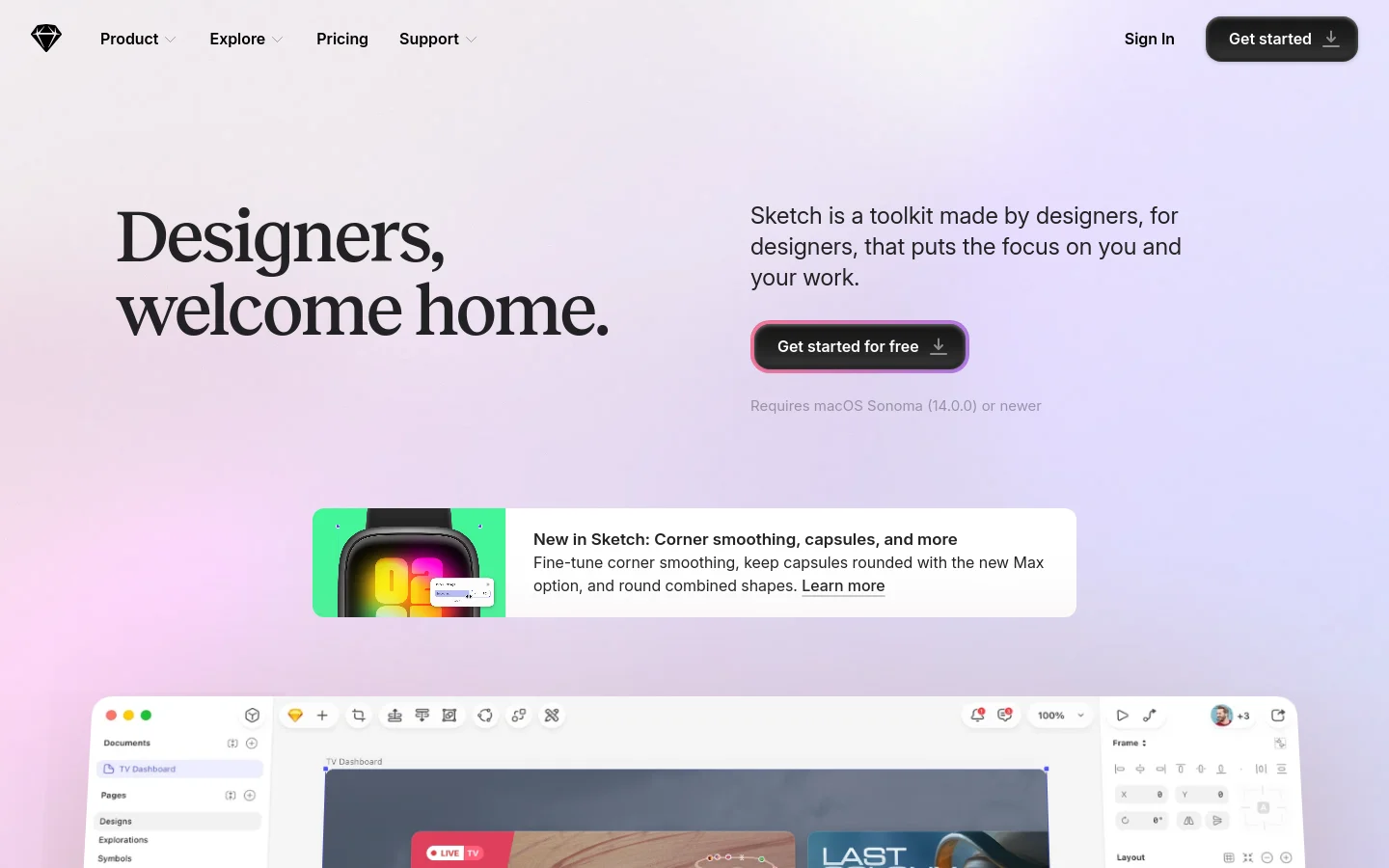The Sketch homepage features a minimalist design with a soft lavender and white gradient background. A large headline reads 'Designers, welcome home' next to a primary 'Get started for free' call-to-action button, with a subtle orb graphic in the background. Below the hero section, a software interface preview is visible, showcasing new features like corner smoothing.