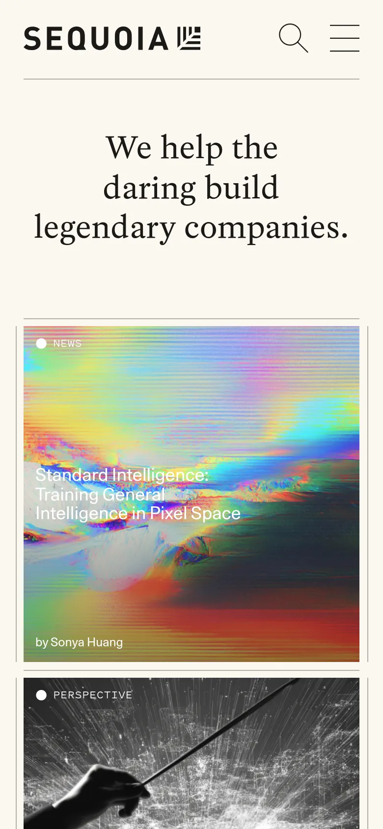 The mobile version maintains the cream background and minimalist aesthetic but uses a single-column vertical layout. The hero headline is centered and stacked, and the article cards span the full width of the screen, making the imagery and text more prominent for vertical scrolling.