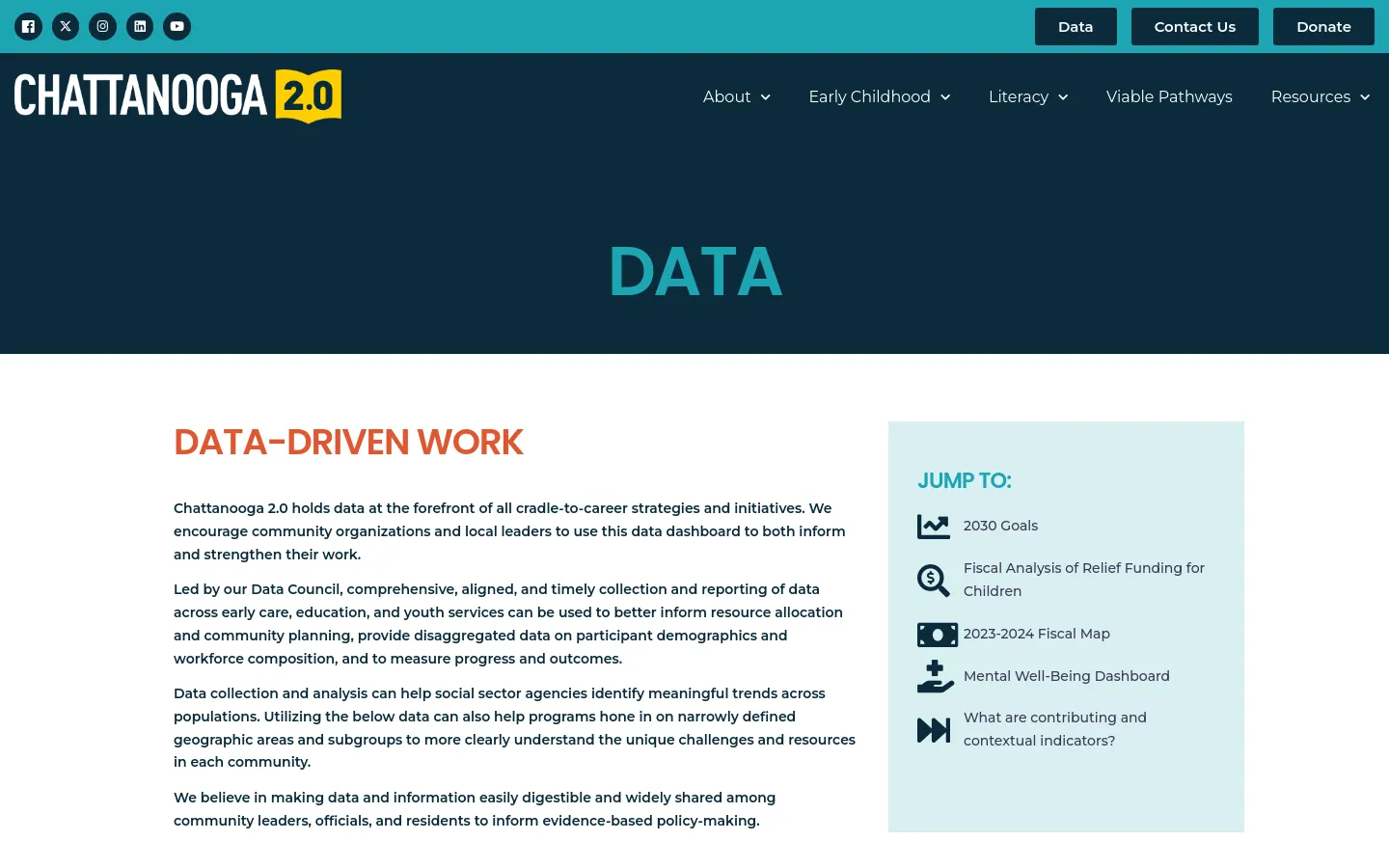 The desktop page features a dark teal hero section with the large white headline 'DATA' and a white navigation menu including 'About', 'Early Childhood', and 'Literacy'. Below, a white content area contains the heading 'DATA-DRIVEN WORK' followed by several paragraphs of text and a light teal 'JUMP TO:' sidebar on the right containing links with icons.