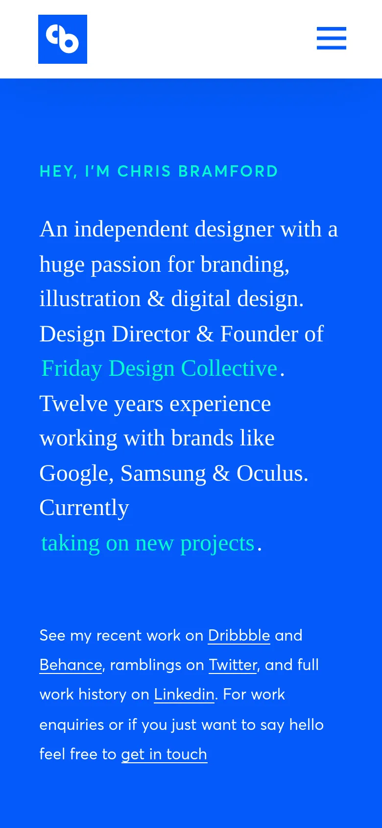 The mobile version simplifies the layout to a single-column view on a solid blue background. The large portrait from the desktop version is removed, focusing entirely on the white text content and links. The navigation is condensed into a hamburger menu icon at the top right, and the text is centered for readability on a smaller screen.