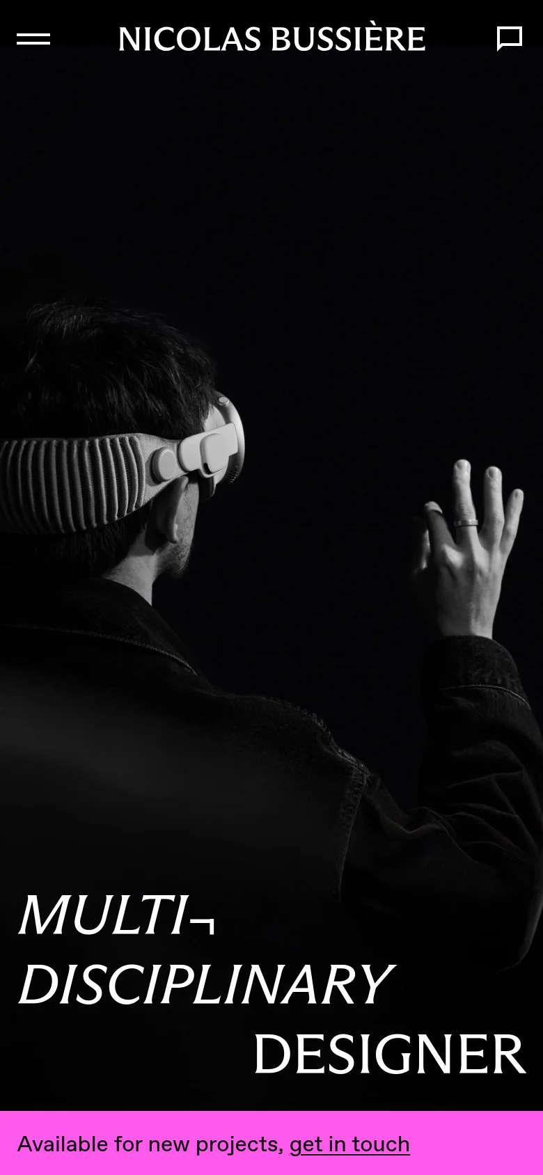 The mobile version maintains the dark aesthetic and large white serif headline, but the layout is vertically compressed to fit the narrow screen. The hero image of the person with the headset is centered, and the bright pink call to action banner remains fixed at the bottom of the viewport.