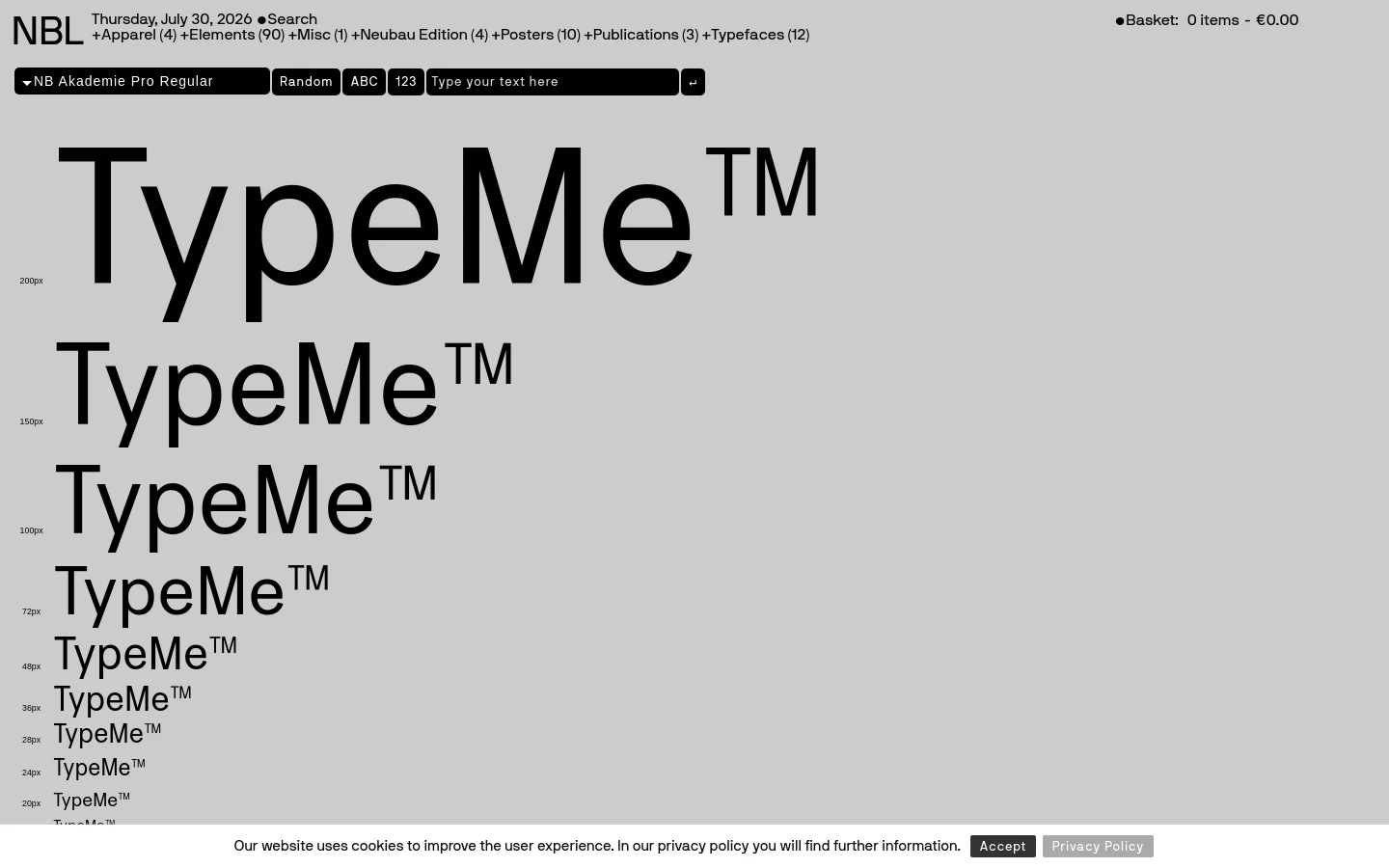 A minimalist web page with a light gray background featuring a vertical list of the text 'TypeMe™' in descending font sizes from 200px to 10px. A black navigation bar at the top includes a font selector, a 'Random' button, and a text input field. Below the large typography, a long column of text describes the history of Letraset and the Neubau design studio.