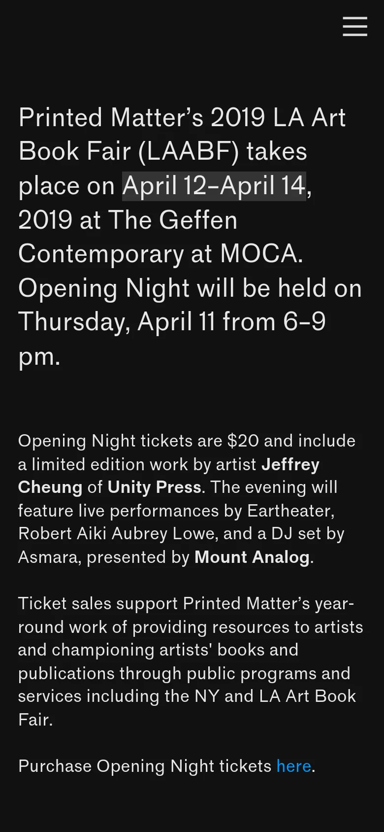 The mobile version maintains the dark aesthetic but transitions to a single-column vertical layout for easier scrolling. The navigation menu is condensed into a hamburger icon at the top right, and the text is resized to fit the narrow screen width, prioritizing the main fair announcement and event details.