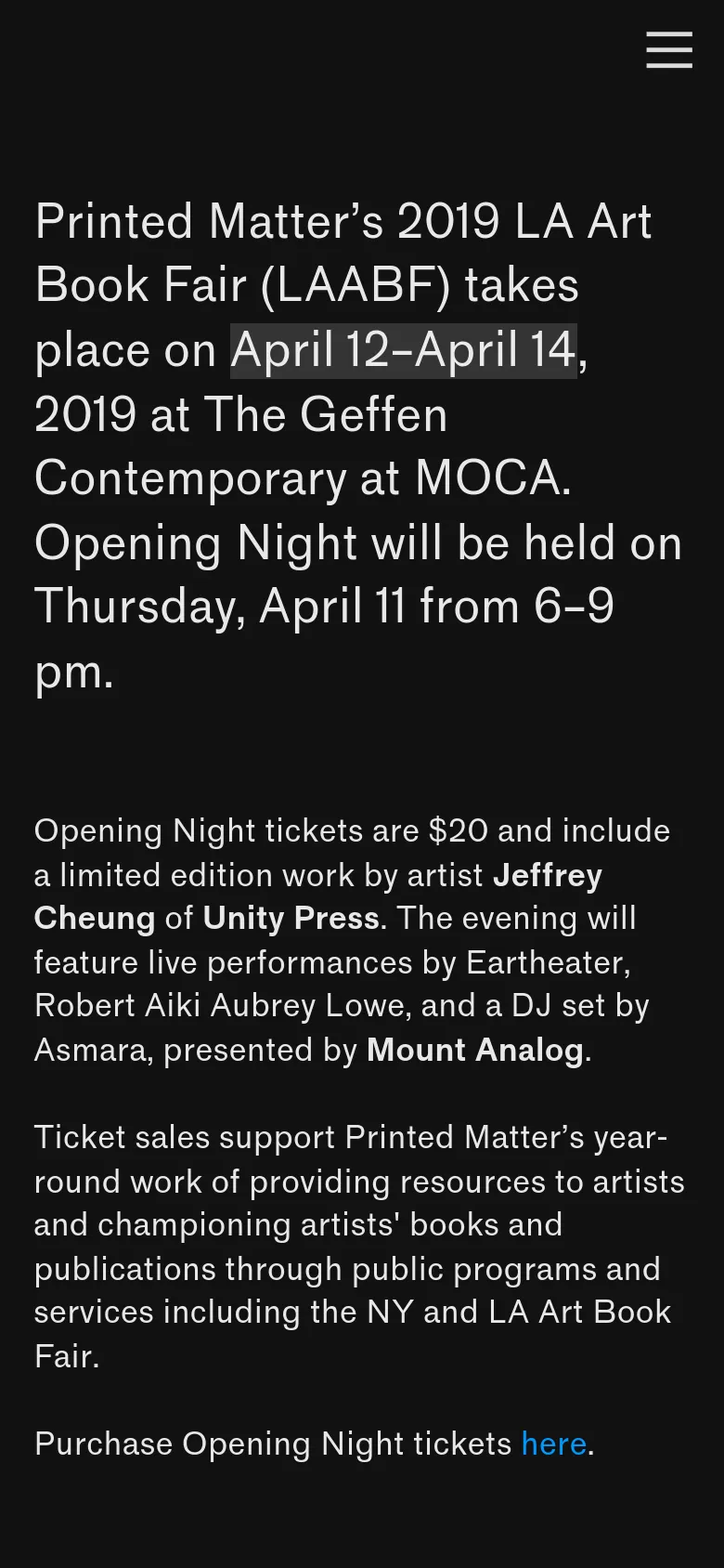 The mobile version maintains the dark aesthetic but transitions to a single-column vertical layout for easier scrolling. The navigation menu is condensed into a hamburger icon at the top right, and the text is resized to fit the narrow screen width, prioritizing the main fair announcement and event details.